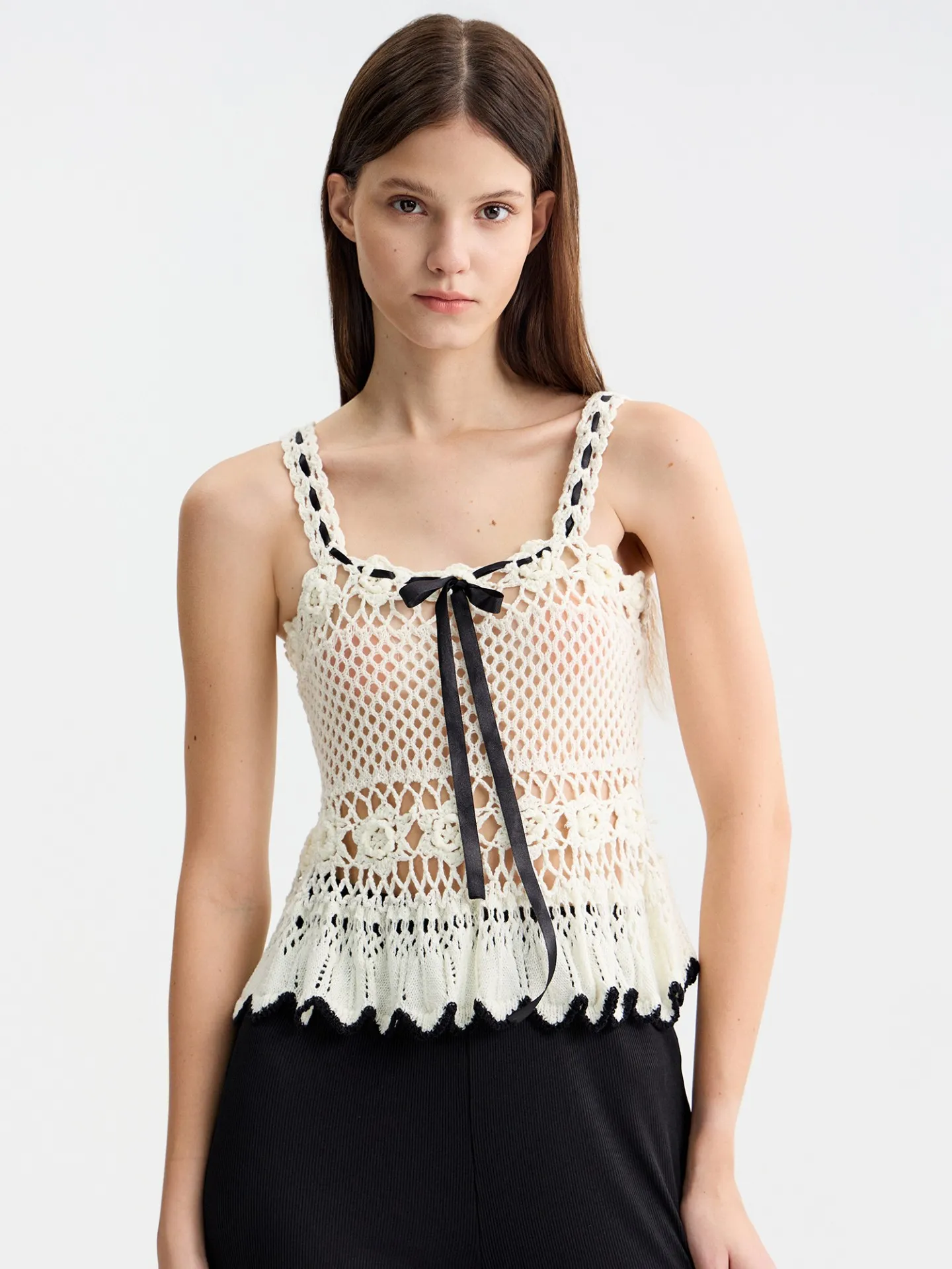 FRILL HALF SLEEVE HAND KNIT TOPS