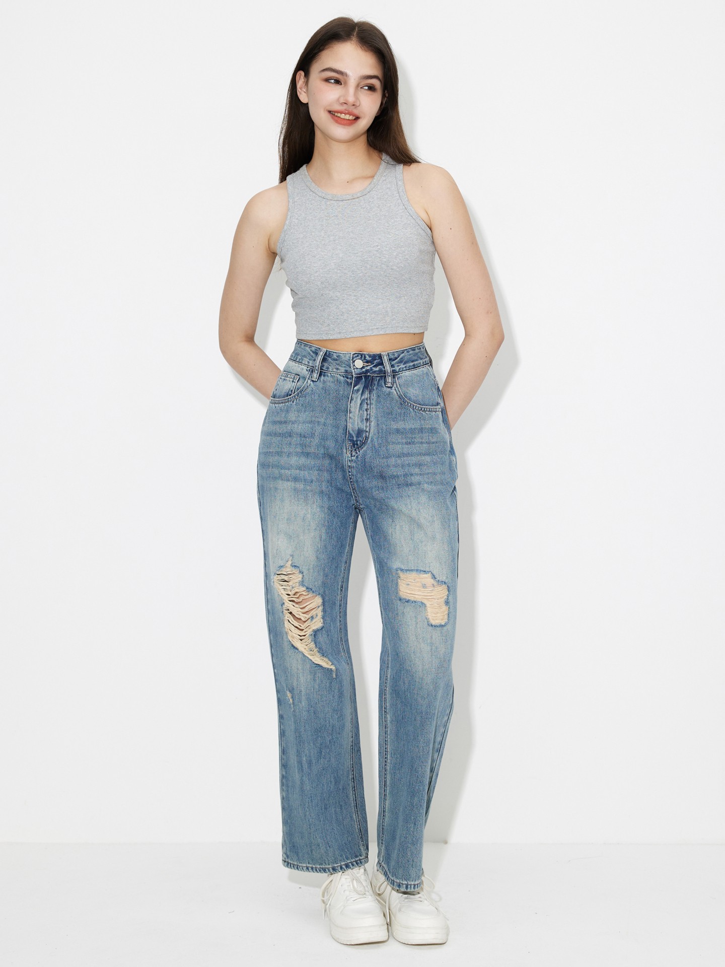 ripped straight-leg jeans