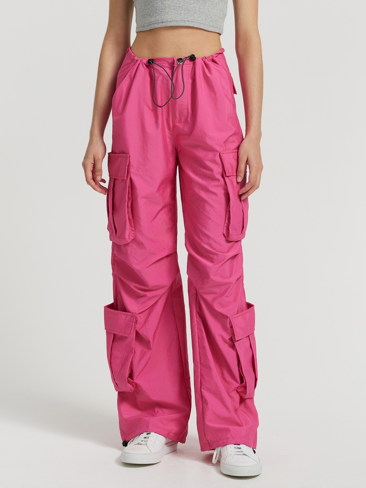 Pantalones cargo de pierna recta rosa fruncidos